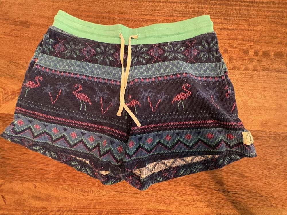 Chubbies Shorts Womens Small Blue Knit Lounge Fair Isle Flamingo Christmas
